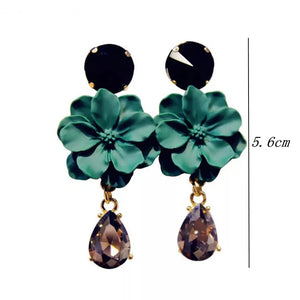 Green and black flower drop earrings